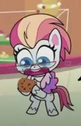 Size: 205x318 | Tagged: safe, derpibooru import, screencap, earth pony, pony, death of a sales-pony, my little pony: pony life, spoiler:pony life s01e07, bipedal, cookie, female, food, image, mare, png, smiling, zesty