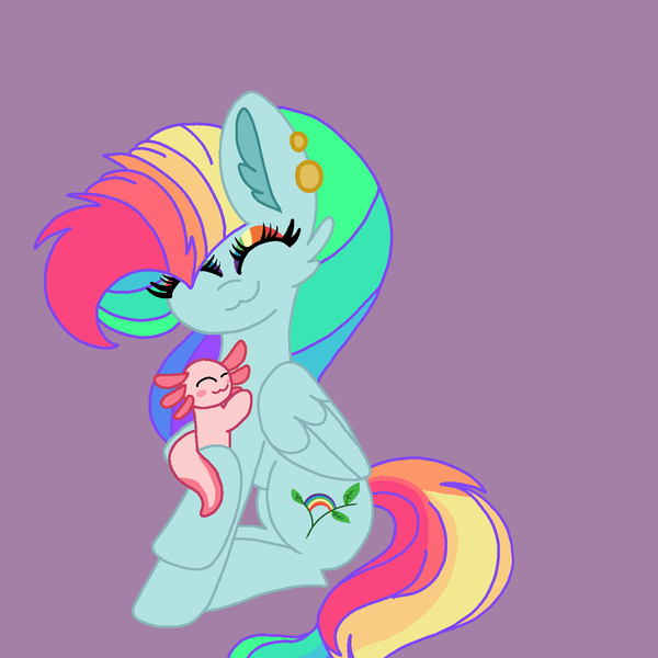 Size: 1378x1378 | Tagged: safe, artist:circuspaparazzi5678, derpibooru import, oc, oc:rainbow blitz, axolotl, pegasus, pony, hug, image, magical lesbian spawn, multicolored hair, offspring, parent:fluttershy, parent:rainbow dash, parents:flutterdash, png, rainbow hair, rainbow makeup, simple background, smiling, solo