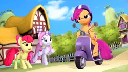 Size: 3840x2160 | Tagged: safe, artist:owlpirate, derpibooru import, apple bloom, scootaloo, sweetie belle, earth pony, pegasus, pony, unicorn, 3d, bandaid, bandaid on nose, cutie mark, cutie mark crusaders, female, filly, helmet, image, moped, png, ponyville, scooter, the cmc's cutie marks, trio, vespa