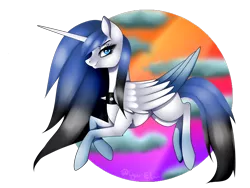 Size: 1600x1200 | Tagged: safe, artist:minelvi, derpibooru import, oc, unofficial characters only, alicorn, pony, alicorn oc, choker, eyelashes, flying, horn, image, png, simple background, smiling, solo, spiked choker, transparent background, two toned wings, wings