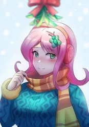 Size: 800x1149 | Tagged: safe, artist:tzc, derpibooru import, fluttershy, human, blushing, breasts, christmas, clothes, cute, earmuffs, female, holiday, humanized, image, mistleholly, png, scarf, shyabetes, solo, sweater, sweatershy, wrong eye color