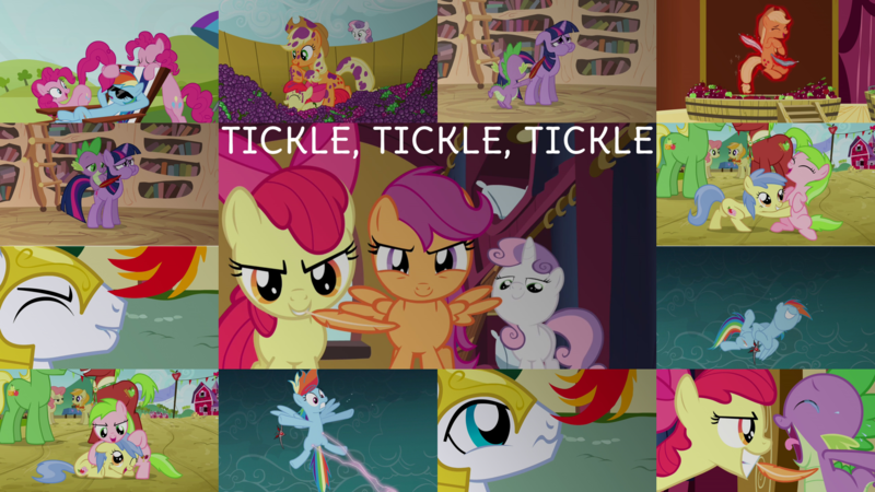 Size: 1970x1109 | Tagged: safe, derpibooru import, edit, edited screencap, editor:quoterific, screencap, apple bloom, apple cinnamon, apple flora, applejack, gala appleby, jonagold, marmalade jalapeno popette, philomena, pinkie pie, rainbow dash, scootaloo, spike, sweetie belle, sweet tooth, twilight sparkle, wensley, a bird in the hoof, apple family reunion, it's about time, just for sidekicks, magic duel, sisterhooves social, too many pinkie pies, apple family member, candy caramel tooth, clone, cutie mark crusaders, feather, golden oaks library, image, library, pinkie clone, png, royal guard, tickling