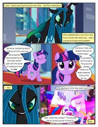 Size: 612x792 | Tagged: safe, artist:newbiespud, derpibooru import, edit, edited screencap, screencap, princess cadance, queen chrysalis, shining armor, twilight sparkle, alicorn, changeling, changeling queen, pony, unicorn, comic:friendship is dragons, a canterlot wedding, angry, clothes, comic, dialogue, evil grin, eyelashes, eyes closed, female, frown, grin, hoof shoes, image, indoors, jewelry, looking back, looking up, male, mare, peytral, png, raised hoof, screencap comic, smiling, stallion, tiara, unicorn twilight