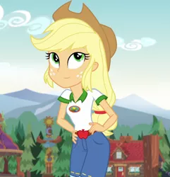 Size: 1040x1080 | Tagged: safe, derpibooru import, edit, edited screencap, editor:mycarhasamoustache, screencap, applejack, equestria girls, legend of everfree, camp everfree outfits, clothes, cropped, cute, cutie mark, cutie mark on clothes, female, image, jackabetes, png, smile edit, solo