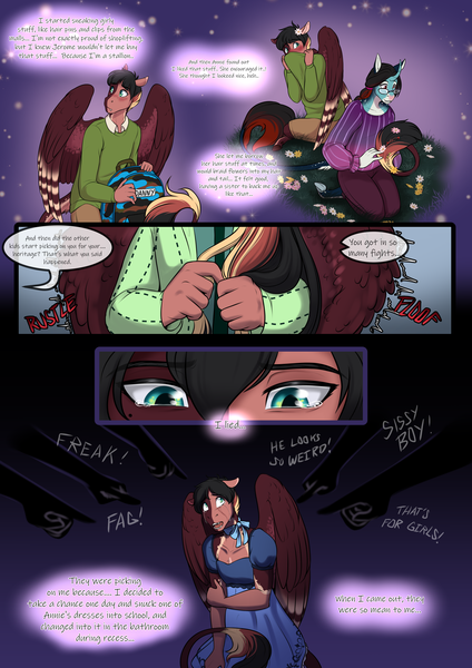 Size: 3472x4911 | Tagged: safe, artist:blackblood-queen, derpibooru import, oc, oc:annie belle, oc:daniel dasher, unofficial characters only, anthro, dracony, dragon, hybrid, pegasus, pony, unguligrade anthro, unicorn, comic:be there, anthro oc, blushing, brother and sister, colt, crossdressing, crying, digital art, female, filly, flower, flower in hair, fraternal twins, homophobia, horn, image, male, pegasus oc, png, sad, siblings, speech bubble, unicorn oc, vulgar, wings