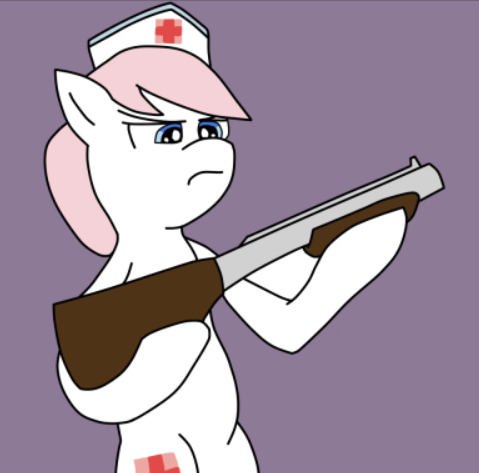 Size: 479x473 | Tagged: safe, artist:lou3797, derpibooru import, edit, nurse redheart, earth pony, pony, bipedal, female, gun, hat, image, jpeg, nurse hat, purple background, shotgun, simple background, solo, weapon