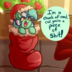 Size: 4000x4000 | Tagged: safe, artist:witchtaunter, derpibooru import, lyra heartstrings, pony, unicorn, absurd resolution, christmas, christmas stocking, clothes, cute, dialogue, dissonant caption, ear fluff, hat, holiday, image, l.u.l.s., lyrabetes, png, santa hat, smiling, solo, speech bubble, text, tiny, tiny ponies, vulgar