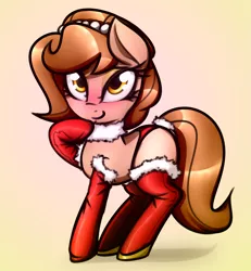Size: 1815x1968 | Tagged: suggestive, artist:jetwave, derpibooru import, oc, oc:brownie bun, unofficial characters only, earth pony, pony, blushing, christmas, clothes, collar, eyeshadow, female, holiday, hoof on chin, image, makeup, mare, panties, png, red socks, red underwear, shoes, simple background, smiling, socks, solo, standing, stockings, tail wrap, thigh highs, underwear