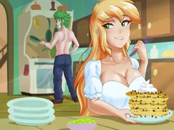 Size: 1280x955 | Tagged: safe, artist:thebrokencog, derpibooru import, applejack, spike, human, applespike, boob freckles, breasts, busty applejack, chest freckles, chocolate chip pancakes, cleavage, clothes, female, food, fork, freckles, humanized, image, jpeg, lidded eyes, lip bite, looking back, looking over shoulder, male, older, older spike, pancakes, partial nudity, plates, shipping, straight, topless, whipped cream