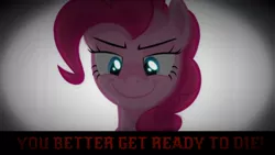 Size: 1280x720 | Tagged: safe, artist:jan, derpibooru import, edit, pinkie pie, ask the crusaders, cupcakes hd, bust, caption, creepy, creepy smile, dark background, get ready to die, image, jpeg, ready to die, reference, scary, smiling, solo, song in the description, song reference, text