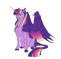 Size: 1280x1226 | Tagged: safe, artist:anelaponela, derpibooru import, twilight sparkle, twilight sparkle (alicorn), alicorn, bat pony, bat pony alicorn, pony, bat wings, colored wings, ear fluff, fangs, horn, hybrid wings, image, leonine tail, multicolored wings, png, redesign, simple background, slit eyes, smiling, starry wings, teeth, transparent background, travelersverse, wings