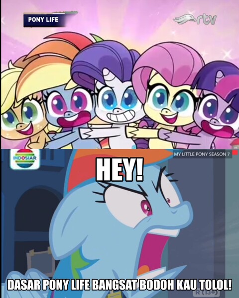 Size: 1831x2289 | Tagged: safe, derpibooru import, edit, edited screencap, screencap, rainbow dash, pegasus, pony, my little pony: pony life, parental glideance, princess probz, spoiler:pony life s01e01, angry, caption, drama, female, image, image macro, indonesian, indosiar, jpeg, locker room, mouthpiece, obligatory pony, op can't let go, op isn't even trying anymore, pony life drama, quiet, rajawali televisi, rtv, stop, text, unamused, vulgar, yelling