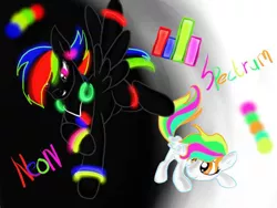 Size: 640x480 | Tagged: safe, artist:stepzzi, derpibooru import, oc, oc:neon, oc:spectrum, pegasus, pony, brother and sister, darkness, duo, female, headphones, image, jpeg, light, male, multicolored hair, neon, pegasus oc, siblings, wings