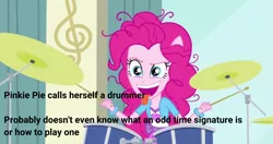 Size: 1908x1005 | Tagged: safe, derpibooru import, edit, edited screencap, screencap, pinkie pie, equestria girls, pinkie on the one, rainbow rocks, cymbals, drums, drumsticks, female, hi-hat, image, musical instrument, png, ponied up, solo