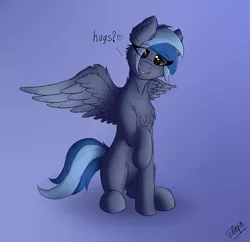 Size: 2652x2572 | Tagged: safe, artist:flapstune, derpibooru import, oc, oc:pixi feather, pegasus, pony, blue background, cute, dialogue, ear fluff, female, fluffy, image, looking at you, mare, pegasus oc, png, signature, simple background, sitting, smiling, smiling at you, solo, spread wings, two toned mane, wings