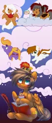 Size: 1644x3840 | Tagged: safe, artist:gicme, derpibooru import, oc, oc:bianca, oc:diana jumper, oc:peach syrup, oc:viola pens, unofficial characters only, earth pony, pegasus, pony, unicorn, book, cloud, eyebrows visible through hair, feather, food, image, inkwell, mug, open book, png, simple background, tea, wings