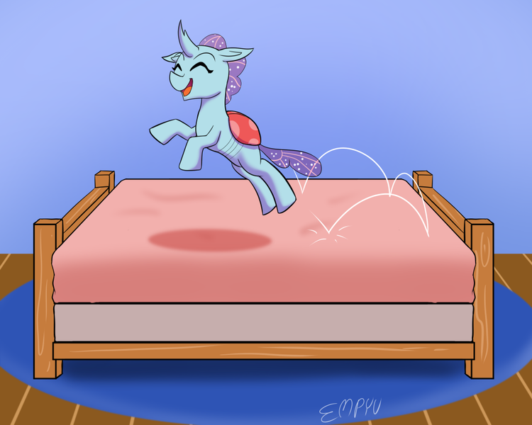 Size: 1000x800 | Tagged: safe, artist:empyu, derpibooru import, ocellus, changedling, changeling, 30 minute art challenge, bed, cute, diaocelles, eyes closed, female, happy, image, jumping, jumping on the bed, png