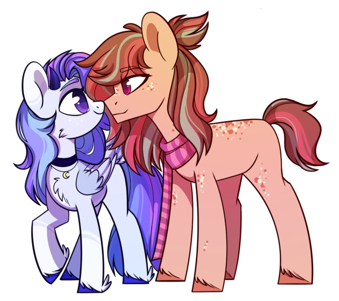 Size: 1280x1135 | Tagged: safe, artist:cloud-fly, derpibooru import, oc, oc:moonlight blossom, earth pony, pegasus, pony, clothes, female, image, male, mare, png, scarf, simple background, stallion, transparent background