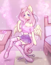 Size: 1582x2000 | Tagged: safe, artist:zefirka, derpibooru import, fluttershy, anthro, pegasus, unguligrade anthro, arm hooves, breasts, chair, cleavage, clothes, cute, image, open mouth, png, shyabetes, sitting, socks, striped socks, thigh highs