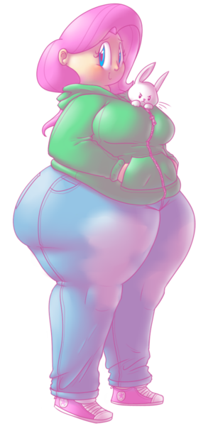Size: 2000x4000 | Tagged: suggestive, artist:secretgoombaman12345, derpibooru import, angel bunny, fluttershy, human, rabbit, adorafatty, animal, ass, bbw, blushing, breasts, busty fluttershy, butt, clothes, cute, fat, fattershy, flutterthighs, high res, hoodie, humanized, image, jeans, obese, pants, png, shyabetes, thighs, thunder thighs, wide hips