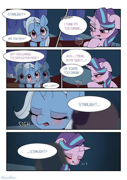 Size: 3035x4299 | Tagged: safe, artist:lexiedraw, derpibooru import, starlight glimmer, trixie, pony, unicorn, alcohol, comic, dialogue, drink, drunk, drunker glimmer, female, high res, image, lesbian, png, shipping, startrix