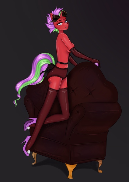 Size: 2480x3508 | Tagged: questionable, artist:shiro-roo, derpibooru import, oc, oc:starbrighté, unofficial characters only, anthro, anthro oc, bedroom eyes, bow, breasts, chair, clothes, evening gloves, gloves, hair bow, high heels, image, jpeg, long gloves, panties, shoes, sideboob, socks, stiletto heels, stockings, thigh highs, underwear