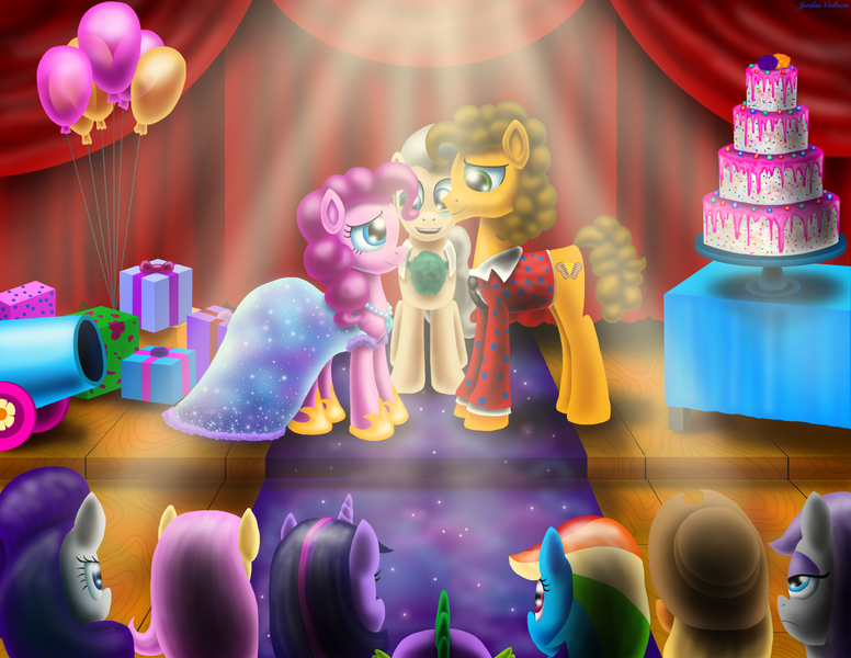 Size: 3300x2550 | Tagged: safe, artist:jac59col, derpibooru import, applejack, cheese sandwich, fluttershy, maud pie, mayor mare, pinkie pie, rainbow dash, rarity, spike, twilight sparkle, pony, balloon, cheesepie, clothes, dress, female, image, male, marriage, party cannon, png, present, shipping, straight, tuxedo, wedding, wedding cake, wedding dress