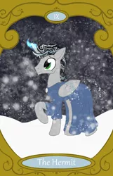 Size: 900x1400 | Tagged: safe, artist:sixes&sevens, derpibooru import, oc, oc:prince mentiad, alicorn, pony, alicorn oc, cloak, clothes, horn, image, png, snow, tarot card, the hermit, wings