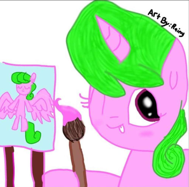 Size: 720x710 | Tagged: safe, artist:altersmay87, derpibooru import, oc, oc:rainy rainbow, pegasus, pony, unicorn, blinking, brush, draw, female, image, mare, one eye closed, paint, png