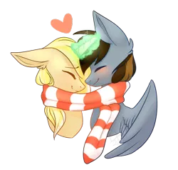 Size: 657x626 | Tagged: safe, artist:daringpineapple, derpibooru import, oc, unofficial characters only, pegasus, pony, unicorn, blushing, clothes, commission, cute, eyes closed, female, glowing horn, heart, horn, image, male, oc x oc, png, scarf, shipping, simple background, smiling, straight, transparent background, ych result