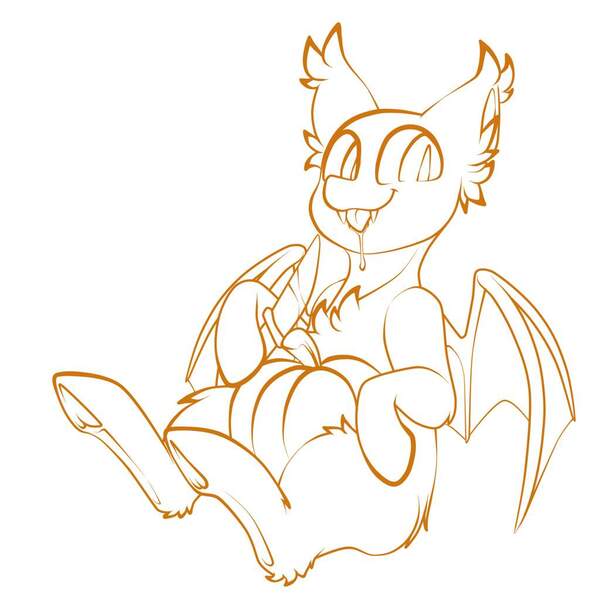 Size: 1024x1024 | Tagged: safe, artist:star-theft, derpibooru import, oc, unofficial characters only, bat pony, pony, :p, base, bat pony oc, bat wings, ear fluff, hoof hold, image, jpeg, knife, lineart, monochrome, pumpkin, sitting, solo, tongue out, wings