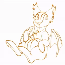 Size: 1024x1024 | Tagged: safe, artist:star-theft, derpibooru import, oc, unofficial characters only, bat pony, pony, :p, base, bat pony oc, bat wings, ear fluff, hoof hold, image, jpeg, knife, lineart, monochrome, pumpkin, sitting, solo, tongue out, wings