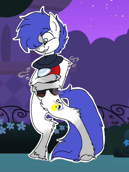 Size: 497x663 | Tagged: safe, artist:hollymiap, derpibooru import, oc, oc:isaac pony, earth pony, pony, semi-anthro, among us, blue eyes, blue mane, cute, cutie mark, flower, hat, hug, image, male, night, plushie, png, smiling, solo, tail