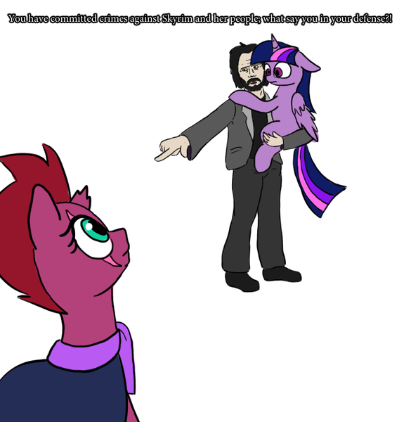 Size: 700x718 | Tagged: safe, artist:slamjam, derpibooru import, tempest shadow, twilight sparkle, twilight sparkle (alicorn), alicorn, human, pony, floppy ears, holding a pony, image, jpeg, keanu reeves, simple background, white background