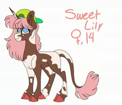 Size: 3239x2780 | Tagged: safe, artist:dodiejinx, derpibooru import, oc, oc:sweet lily, unofficial characters only, pony, unicorn, backwards ballcap, baseball cap, cap, hat, image, jpeg, offspring, parent:button mash, parent:sweetie belle, parents:sweetiemash, simple background, solo, white background