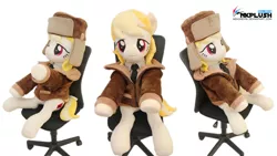 Size: 1280x720 | Tagged: safe, artist:nekokevin, derpibooru import, march gustysnows, earth pony, pony, clothes, female, hat, image, irl, jacket, jpeg, lidded eyes, life size, looking at you, mare, necktie, photo, plushie, raised hoof, shirt, side view, sitting, smiling, solo, underhoof