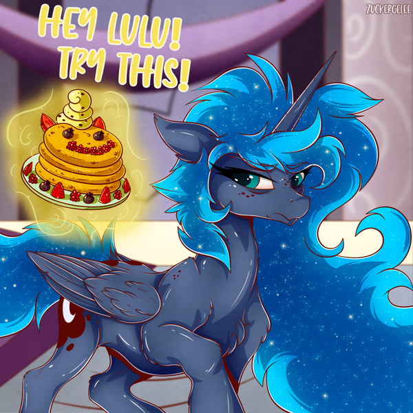 Size: 2000x2000 | Tagged: safe, artist:zuckergelee, derpibooru import, princess luna, a royal problem, blueberry, food, image, implied princess celestia, magic, messy mane, pancakes, png, solo, strawberry, telekinesis, whipped cream