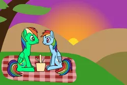 Size: 1280x854 | Tagged: safe, artist:platinumdrop, derpibooru import, rainbow dash, oc, oc:oliver, pegasus, pony, canon x oc, female, image, jpeg, male, mare, olidash, picnic, request, shipping, stallion, straight, sunset