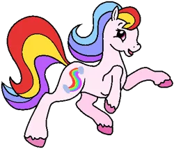 Size: 415x356 | Tagged: safe, artist:muhammad yunus, derpibooru import, oc, oc:rainbow glow, earth pony, pony, derpibooru community collaboration, 2021 community collab, base used, cute, g2, g2betes, image, jumping, looking at you, ocbetes, png, simple background, solo, transparent background