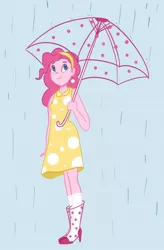 Size: 1024x1560 | Tagged: safe, artist:pettypop, derpibooru import, pinkie pie, equestria girls, clothes, cute, diapinkes, dress, ear piercing, earring, headband, image, jewelry, jpeg, piercing, polka dots, rain, rain boots, socks, solo, umbrella