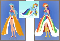 Size: 912x616 | Tagged: safe, artist:azaleasdolls, artist:craz4knux, derpibooru import, rainbow dash, human, pegasus, pony, clothes, dress, ear piercing, earring, female, gala dress, high heels, humanized, image, jewelry, jpeg, laurel wreath, mare, piercing, rainbow dash always dresses in style, screencap reference, shoes