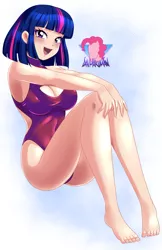 Size: 2851x4389 | Tagged: suggestive, artist:danmakuman, derpibooru import, twilight sparkle, human, equestria girls, adorasexy, anime, ass, barefoot, blushing, boob window, breasts, busty twilight sparkle, butt, cleavage, clothes, cute, feet, female, hands on knees, happy, high res, humanized, image, legs, looking at you, multicolored hair, one-piece swimsuit, open mouth, png, purple eyes, sexy, short hair, sitting, smiling, smiling at you, solo, swimsuit, thighs, twiabetes, twibutt, watermark