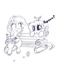 Size: 1379x1387 | Tagged: safe, artist:alazak, derpibooru import, oc, oc:autumn breeze, oc:pearl, unofficial characters only, earth pony, pegasus, pony, behaving like a bird, cute, food, image, monochrome, not fluttershy, ocbetes, park bench, png, popcorn