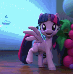 Size: 444x450 | Tagged: safe, derpibooru import, edit, screencap, twilight sparkle, twilight sparkle (alicorn), alicorn, pony, hello pinkie pie, 3d, animated, cute, female, gif, image, looking at you, loop, mare, reversed, smiling, smiling at you, solo, spread wings, trotting, twiabetes, walking, wings