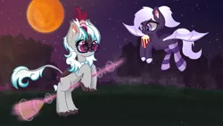 Size: 6000x3375 | Tagged: safe, artist:windykirin, derpibooru import, oc, oc:proxi, oc:windshear, bat pony, kirin, pony, bat pony oc, bat wings, broom, clothes, duo, female, flying, food, image, kirin oc, mare, moon, night, png, popcorn, socks, tree, wings