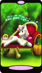 Size: 1500x2591 | Tagged: safe, artist:sixes&sevens, derpibooru import, part of a set, sweetie belle, unicorn, cornucopia, crossed hooves, fainting couch, female, forest, gourd, image, lying down, major arcana, music notes, older, older sweetie belle, png, pumpkin, singing, solo, squash, tarot card, the empress, tree