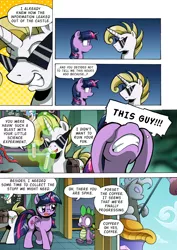 Size: 1204x1700 | Tagged: safe, artist:tarkron, derpibooru import, spike, twilight sparkle, twilight sparkle (alicorn), oc, oc:cosmo cool, alicorn, dragon, pony, unicorn, comic:the royal sandal, bag, comic, dialogue, image, magic, png, saddle bag, shocked, shrunken pupils, statue, sunglasses, test tube