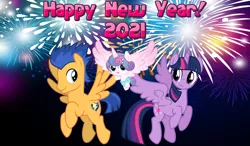 Size: 2064x1204 | Tagged: safe, artist:cloudyglow, artist:not-yet-a-brony, artist:osipush, derpibooru import, flash sentry, princess flurry heart, twilight sparkle, twilight sparkle (alicorn), alicorn, pegasus, pony, 2021, aunt and niece, auntie twilight, baby, cutie mark, family, female, filly, fireworks, flying, foal, friends, friendship, happy new year, happy new year 2021, holiday, image, male, mare, new year, numbers, png, smiling, stallion, text, uncle flash