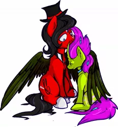 Size: 1103x1188 | Tagged: safe, artist:overlord pony, derpibooru import, oc, oc:crimson corrado, oc:nuclear blossom, unofficial characters only, pegasus, pony, unicorn, couple, cute, hat, hug, image, jewelry, jpeg, necklace, oc x oc, shipping, simple background, top hat, white background, winghug