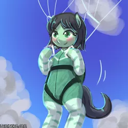 Size: 750x750 | Tagged: safe, artist:lumineko, derpibooru import, oc, oc:sadie michaels, unofficial characters only, earth pony, clothes, cloud, commission, female, image, jpeg, jumpsuit, parachute, ponified oc, sky, skydiving, solo